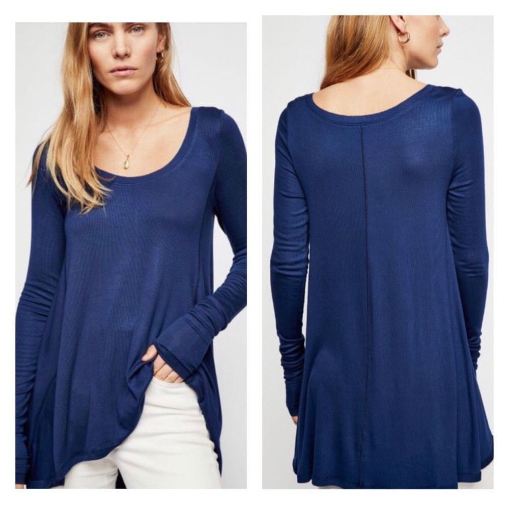 Free People Women's January Ribbed Scoop Neck Long Sleeve‎ Tunic Top Navy Medium